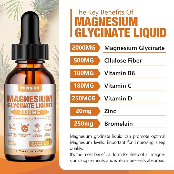 2 Pack 2000MG Magnesium Glycinate Liquid Drops Supplement for Kids & Adults - Cellulose Fiber, Bromelain, Vitamin B6, C, D, Zinc - Energy, Sleep, Clam, Pineapple Flavor, 4 Fl oz