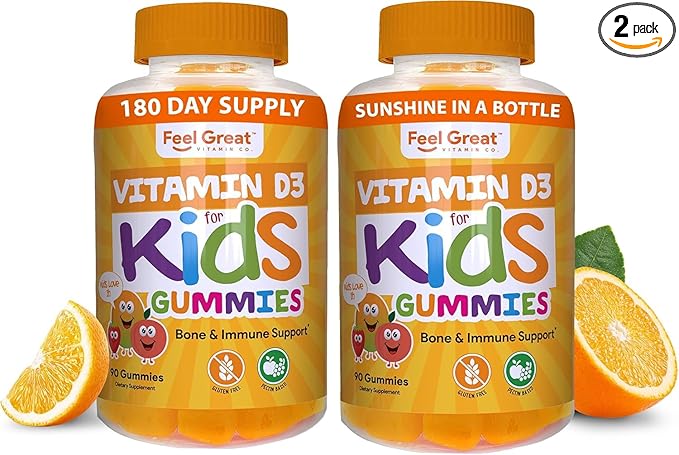 Feel Great Kids Vitamin D3 1000 IU Gummies (2-Pack) | Kids Vitamin D Gummies for Healthy Bones, Mood, & Immune Support | Citrus Flavored Vegetarian D3 Gummies
