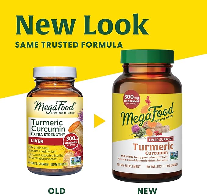 MegaFood Turmeric Curcumin Extra Strength - Liver Support - Turmeric Curcumin with Black Pepper and Milk Thistle Extract - Vegan - Made Without 9 Food Allergens - 60 Tabs (30 Servings)
