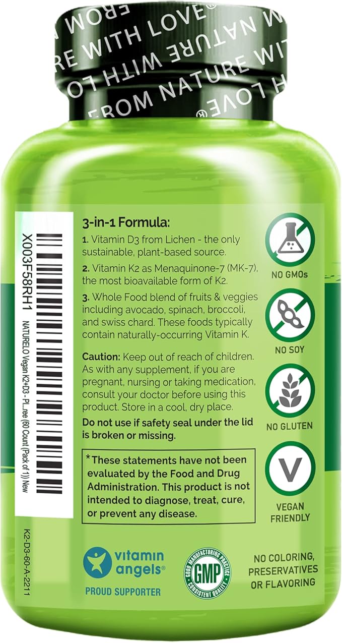 NATURELO Vitamin D3 K2 - Vegan K2+D3 with Plant Based D3 from Lichen - Natural D3 Supplement for Immune System, Bone Support, Heart Health - Whole Food - Non-GMO - Gluten Free, 60 Capsules