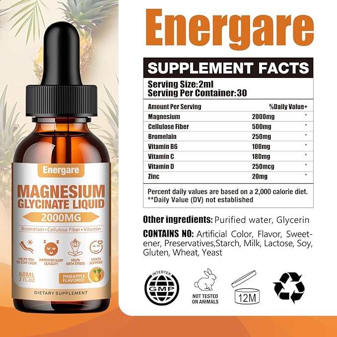 2 Pack 2000MG Magnesium Glycinate Liquid Drops Supplement for Kids & Adults - Cellulose Fiber, Bromelain, Vitamin B6, C, D, Zinc - Energy, Sleep, Clam, Pineapple Flavor, 4 Fl oz
