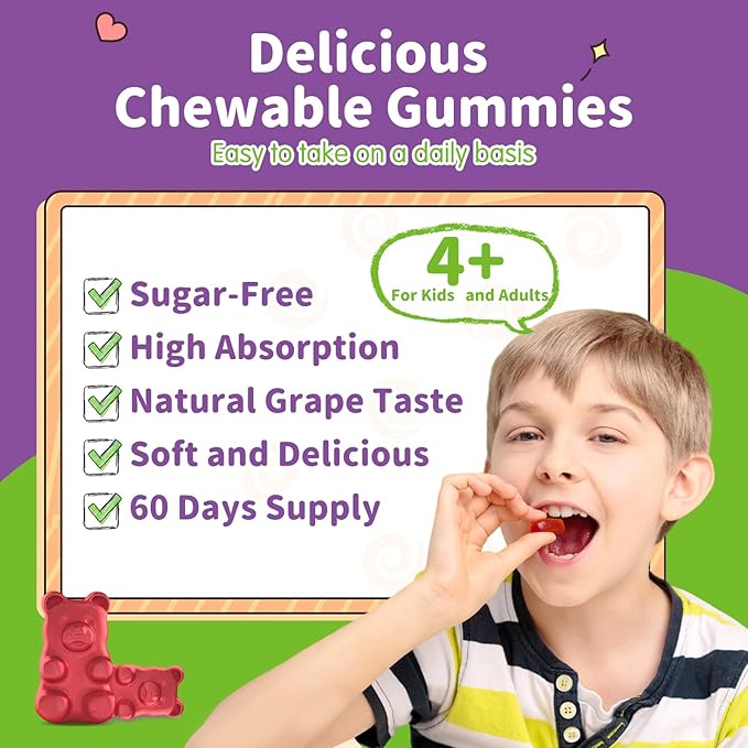 Magnesium Gummies for Kids - Magnesium Glycinate, L-Threonate Supplement with L-Theanine, Vitamin B6, D3 for Adults & Kids - Support Calm, Sleep, Relaxation, Brain, Bones, Sugar Free Grape 60ct