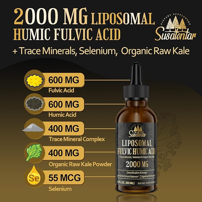 Trace Minerals Electrolytes Drops 2000 MG | Liquid Liposomal Fulvic Humic Acid Supplement | 72+ Trace Minerals | Hydration | Detoxification | Energy | pH Balance | Digestion | Immunity | 8 Oz