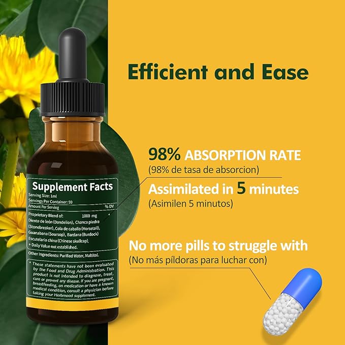 Kidney Cleanse Drops, Gotas de Chanca Piedra para Los riñones con Cola de Caballo y Diente de Leon for Water Away & Edema Relief. Nature Herbal Extract Liquid for Kidney Cleanse Detox &. 2oz