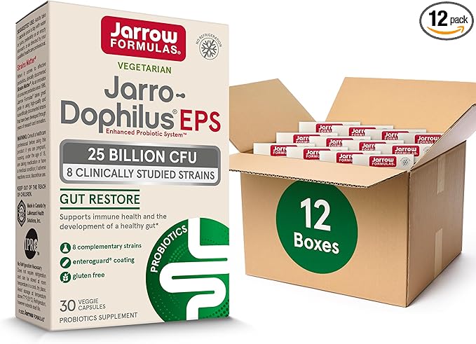Jarrow Formulas Jarro-Dophilus EPS Gut Restore Probiotics 25 Billion CFU With 8 Clinically-Studied Strains, Dietary Supplement for Intestinal and Immune Support, 30 Veggie Capsules, 30 Day Supply