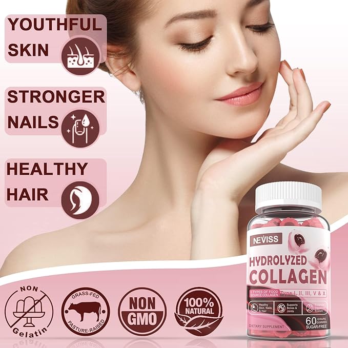 Collagen Gummies for Women Men, 800mg Hydrolyzed Collagen Peptides Gummies Multi Peptides Type I II III V & X, 2500mcg Biotin Keratin Vitamin D3 C E for Healthy Skin Hair Nails and Bone, 1 Pack