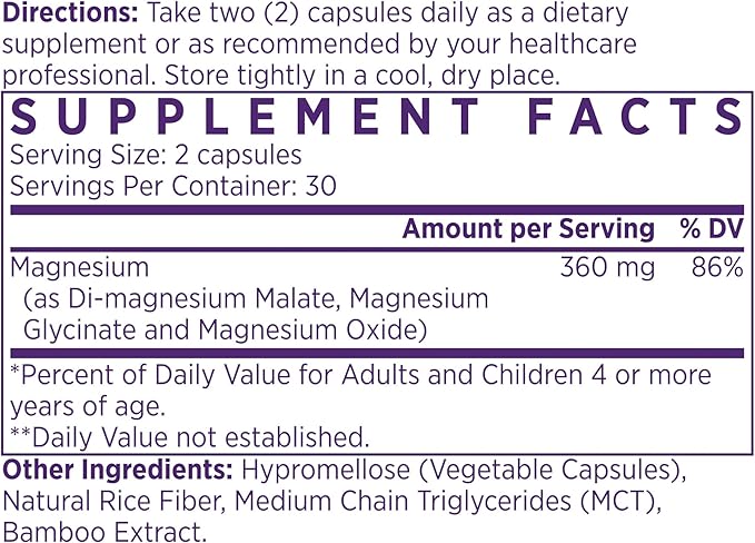 NAOMI Mighty Mg Magnesium Glycinate & Malate Complex 360mg, High Absorption Formula, Elemental Magnesium Supports Heart Health, Strong Bones, Better Sleep, Gluten-Free, Non-GMO, Vegan, 60 Veggie Caps