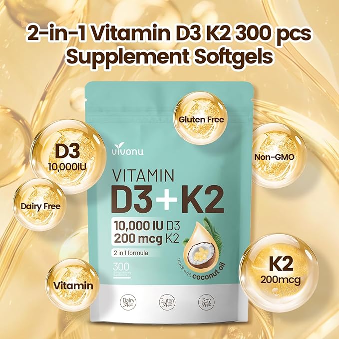 Vitamin D3 10000 iu Plus K2 (MK-7) 200 mcg, 300 Coconut Oil Softgels| 2 in 1 VIT D & K Complex | Supports Calcium Absorption, Bone, Immune, & Heart Health – Easy to Swallow (300 Softgels /1 Bag)