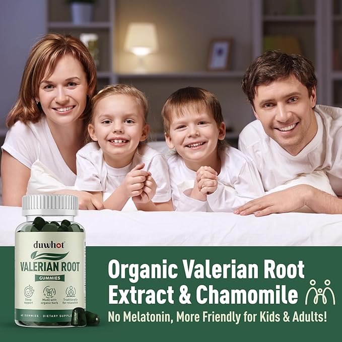 Valerian Root Gummy, Organic Valerian Root for Sleep & Stress Relief, Enhanced with Chamomile Flower for Adults, Kids-Friendly, Apple Flavor, 60 Counts
