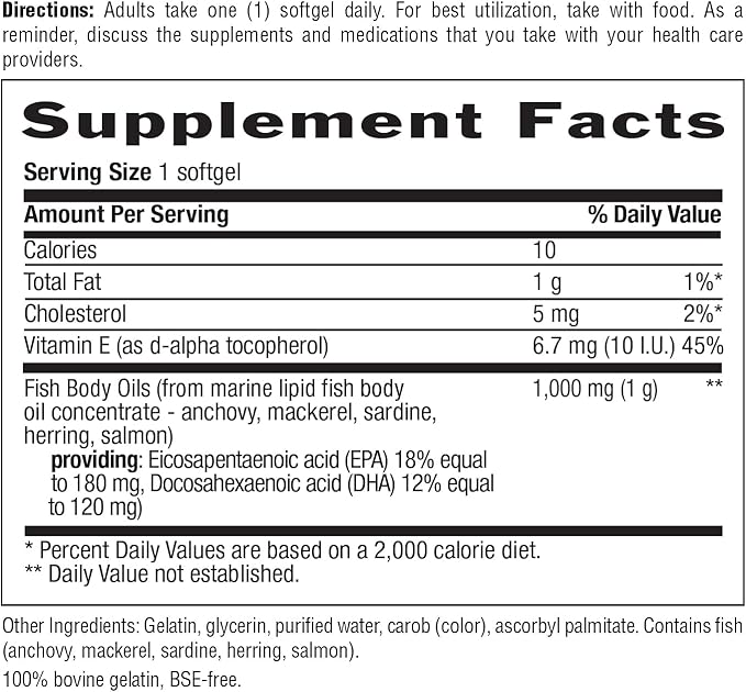 Country Life Omega-3 Fish Oil Supplement, 1000mg, 180mg EPA & 120mg DHA, Fish Oil Concentrate, Burpless, 100 Softgels, Certified Gluten Free