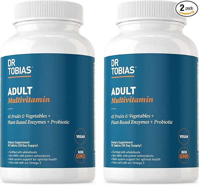 Dr. Tobias Adult Multivitamin for Women & Men, Immune Supporting Vitamins from 42 Fruits, Vegetables, Plus Probiotics, Vegan Multivitamins for Men & Women, Non-GMO, 180 Tablets, 60 Servings
