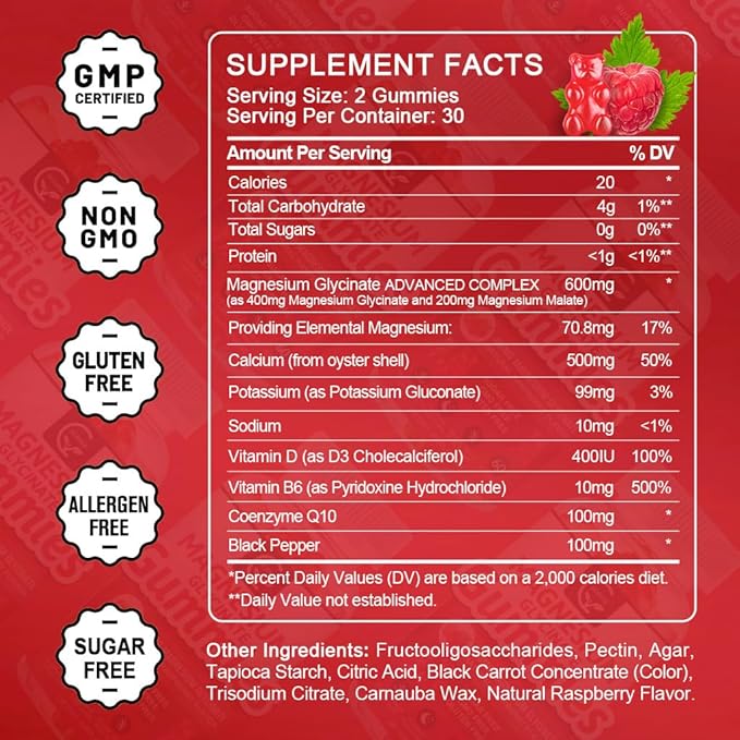 Magnesium Glycinate Gummies 400mg, Magnesium Potassium Supplement - Chelated Magnesium Potassium Complex with Vitamin D, B6, and CoQ10, Supports for Memory, Calm, Mood & Sleep - 60 Count (Pack of 1)
