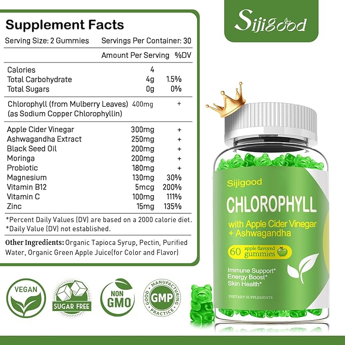 Chlorophyll Gummies with Black Seed Oil, Moringa, Probiotic for Body Odor, Digestion, Skin, Hair, and Immunity Support - Adults Kids Women Men, 60 Apple Flavored Gummies