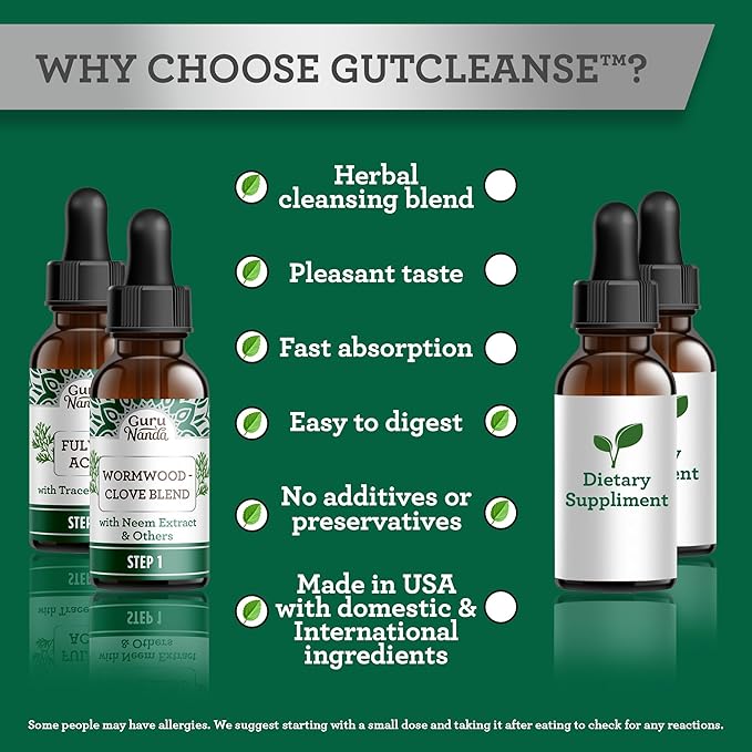 GuruNanda Gutcleanse 2-Step Kit - Dietary Supplement to Help with Digestion - Blend of Fulvic Acid, Wormwood, Clove & Neem Extract, 2x1 FlOz