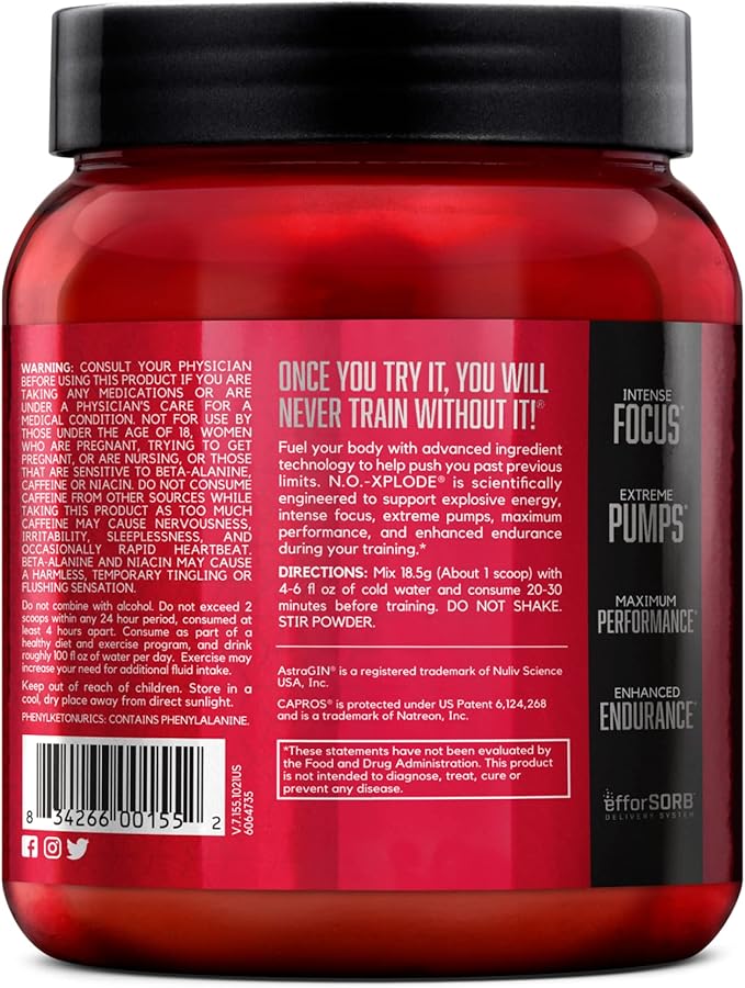 BSN N.O.-XPLODE Pre Workout Powder, Energy Supplement for Men and Women with Creatine and Beta-Alanine, Flavor: Blue Raz, 30 Servings