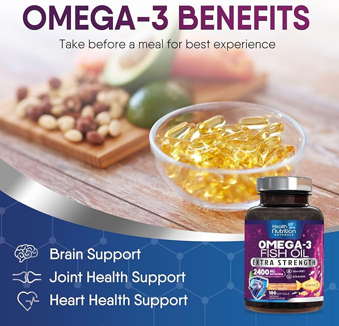 Omega 3 Fish Oil 2400 mg - Triple Strength Omega3, EPA & DHA Fatty Acids Supplement - Natural Support for Immune, Heart & Brain Health - Wild Caught, Non-GMO, Lemon Flavor, Burpless - 180 Softgels