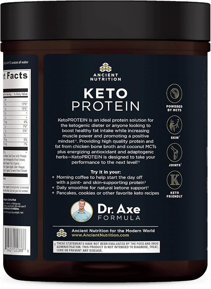 Ancient Nutrition Keto Protein Powder, KetoPROTEIN with Fats from Bone Broth and MCT Oil, Chocolate, 18g Protein 10g Fat Per Serving, Gluten Free, Low Carb, Paleo Friendly, 17 Servings
