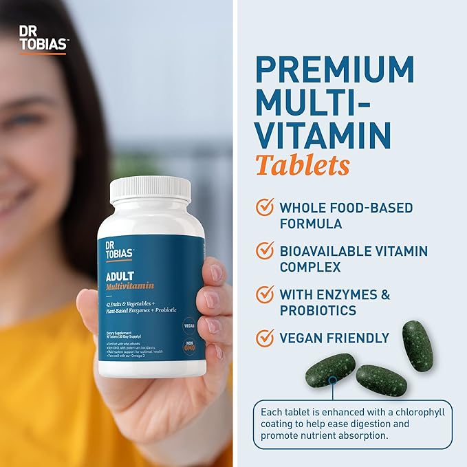 Dr. Tobias Adult Multivitamin for Women & Men, Immune Supporting Vitamins from 42 Fruits, Vegetables, Plus Probiotics, Vegan Multivitamins for Men & Women, Non-GMO, 180 Tablets, 60 Servings