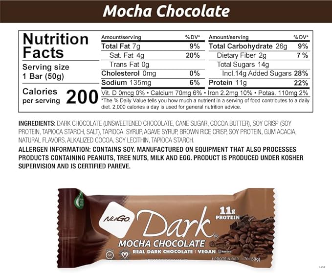 NuGo Dark Mocha Chocolate, 11g Vegan Protein, 200 Calories, Gluten Free,12 Count (Pack of 1)