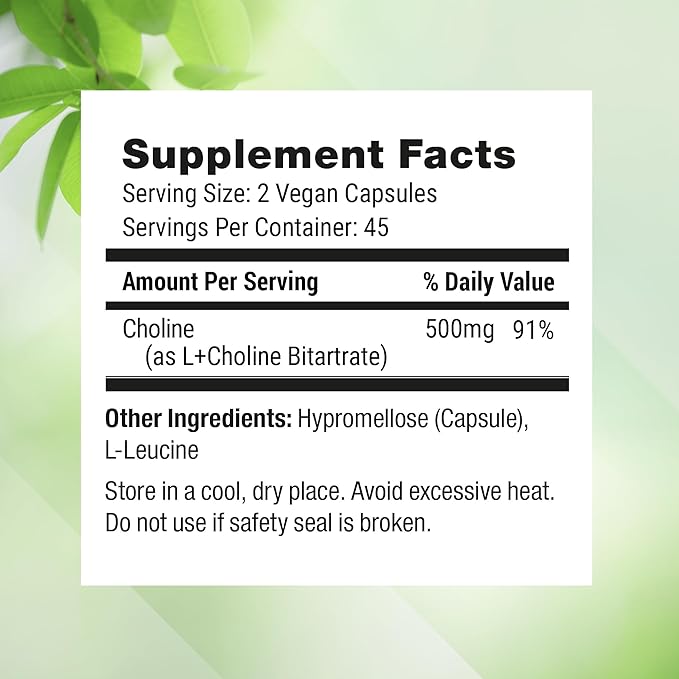 Nested Naturals Choline Bitartrate 500mg - High Potency Choline Supplements - Supports Cognitive Performance & Liver Function - 100% Vegan & Non-GMO Choline - 90 Vegan Capsules