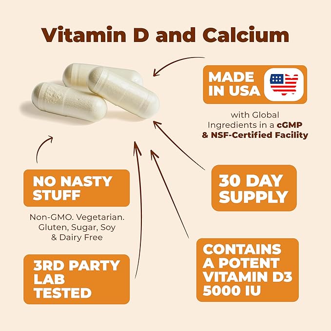 Vitamin D3 K2 & Calcium Supplement with BioPerine for Immune & Bone Health - Vitamin K2 as MK7 + Calcium + Vit D3 5000 IU. 4 in 1 Support for Strong Bones, Teeth and Heart Health. Non-GMO. 60 Capsules