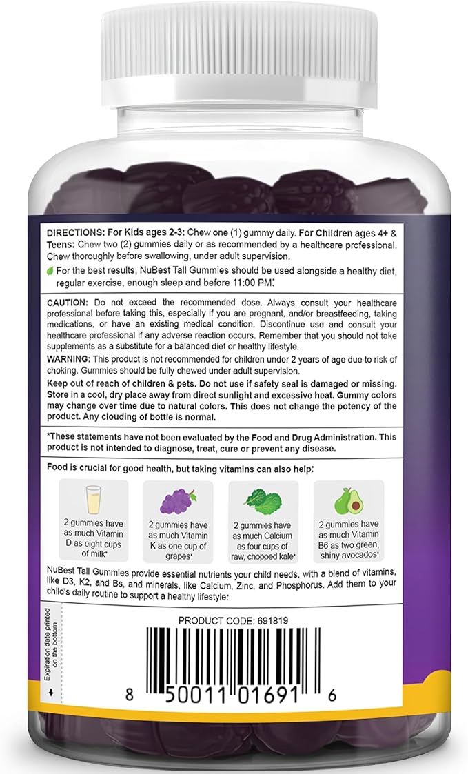 NuBest Tall Gummies for Kids Age 2+ & Teens | Bone Strength, Immunity, Digestive Health with Calcium, Vitamin D3, K2, B Complex, Magnesium, Zinc | 20+ Vitamins Berries Gummies, No Added Sugar