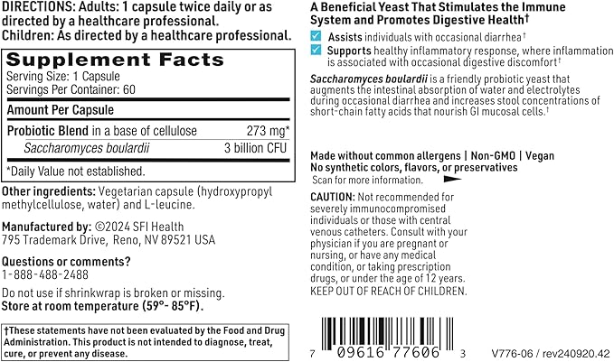 Klaire Labs SFI Health Ther-Biotic Saccharomyces Boulardii Probiotics for Women & Men - S Boulardii Probiotics for Digestive Health & Immune Support - Supports Healthy Intestinal Flora (60 Capsules)
