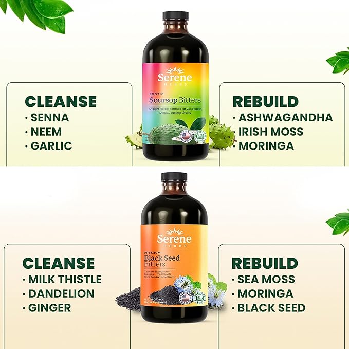 Soursop & Black Seed Bitters Bundle – Organic Herbal Detox for Digestive Support & Immune Health by Serene Herbs – Non-GMO, 32 oz (16 oz Each), 64 Servings