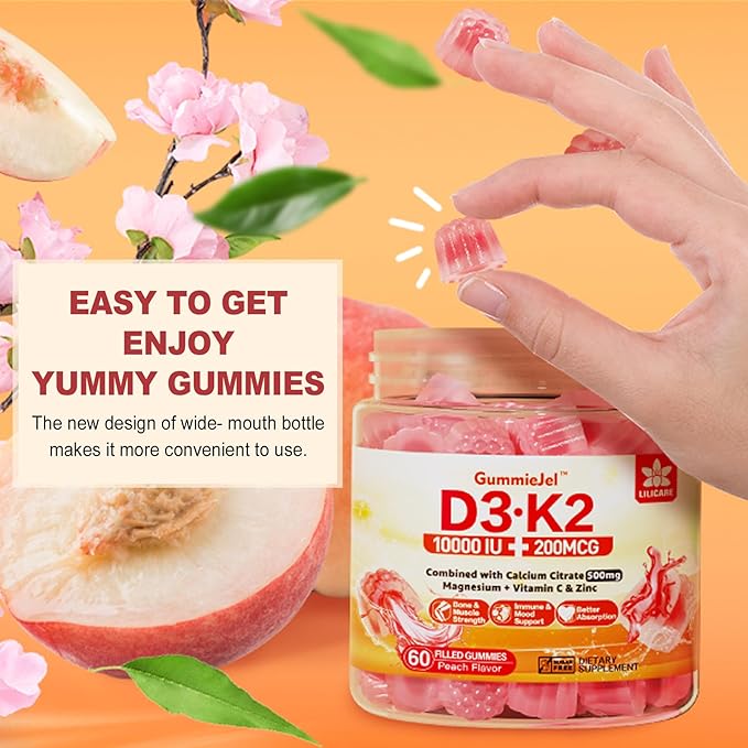 Vitamin D3 K2 Gummies 5000IU / 10,000 IU with 500mg Calcium + K2(MK-7) 200mcg, Magnesium, Vitamin C & Zinc, Extra Strength - Ultimate Absorbency for Bones, Muscles, Teeth, Vegan, 60 Count (Pack of 1)