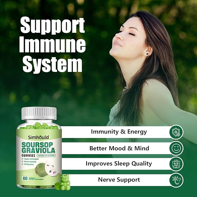 1 Pack Soursop Graviola Gummies - 3000mg Extra Strength Soursop Leaves Supplement with Vitamin C, Zinc - Digestive Aid, Immune Support & Antioxidant - Sugar-Free, Non-GMO, Vegan, 60 Counts