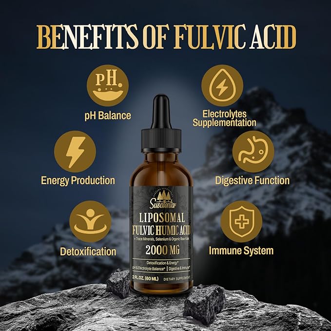 Trace Minerals Electrolytes Drops 2000 MG | Liquid Liposomal Fulvic Humic Acid Supplement | 72+ Trace Minerals | Hydration | Detoxification | Energy | pH Balance | Digestion | Immunity | 2 Oz