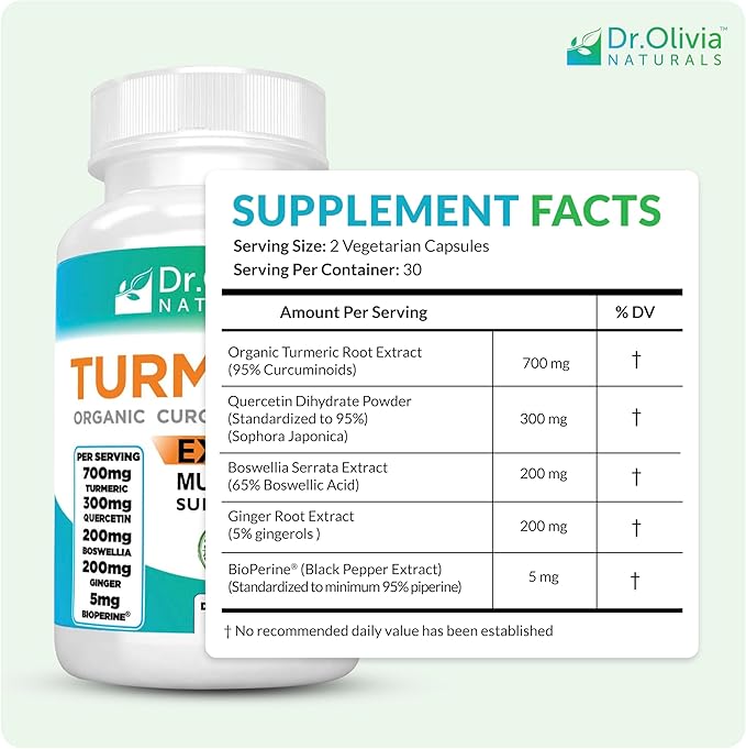 Dr. Olivia's Organic Turmeric Complex with Curcumin Boswellia Ginger & BioPerine - 60 Capsules