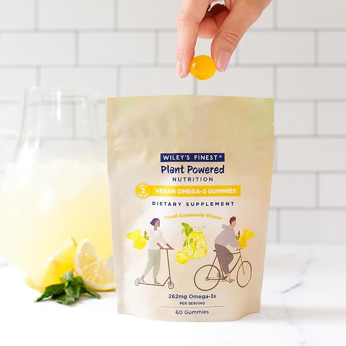Wiley's Finest Vegan Omega-3 Gummies - Natural Sugar - Vegetarian DHA, ALA & SDA - Gluten Free - Lemon Flavor, 60 Gummies