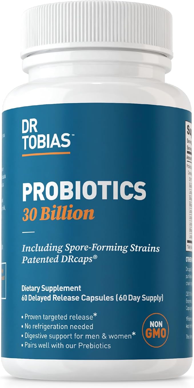 Dr. Tobias Probiotics 30 Billion, 10 Strains, 30 Billion CFU's, Targeted Release Probiotics for Women & Men, Supports Digestive Health, Shelf-Stable, Non-GMO, 60 Capsules, 60 Servings