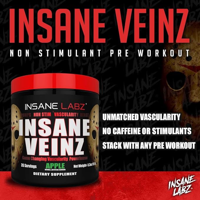 Insane Labz Insane Veinz Non Stimulant NO Enhancing Powder, Nitric Oxide Booster, Loaded with Agmatine Sulfate and Betaine Anhydrous, Increase Vascularity, 35 Srvgs, Fruit Punch