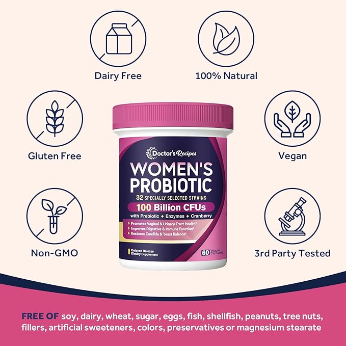 Doctor's Recipes Probiotics for Women, 100 Billion CFU 32 Strains, with Prebiotic Fiber, Enzymes & Cranberry, Vaginal Urinary Digestive & Immune, No Yeast, Shelf Stable, Delayed Release, 60 Caps