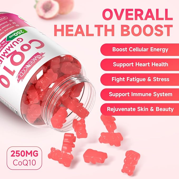 CoQ10 Gummies 250mg, Coenzyme Q10 Supplements Plus Omega-3, Vitamin B6 & Zinc, High Absorption CoQ10 Supplement for Cellular Energy & Antioxidant Support, Vegan, Peach Flavor, 120 Count