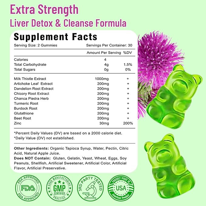 Liver Cleanse Detox Repair Gummies, Liver Support Supplement with Milk Thistle, Artichoke, Dandelion Apple Flavor 120ct