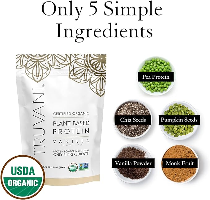 Truvani Vegan Pea Protein Powder | Vanilla | 20g Organic Plant Based Protein | 10 Servings | Keto | Gluten & Dairy Free | Low Carb | No Added Sugar
