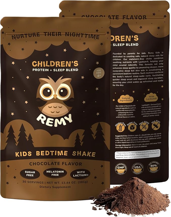 Remy Kids Protein Sleep Aid Supplements, Melatonin-Free Formula, Lactium®, L Theanine, VIT D, B6, Calcium & Herbal Extracts Sleep Aid for Kids, Balanced Nutritional Drink, Non GMO & Preservatives