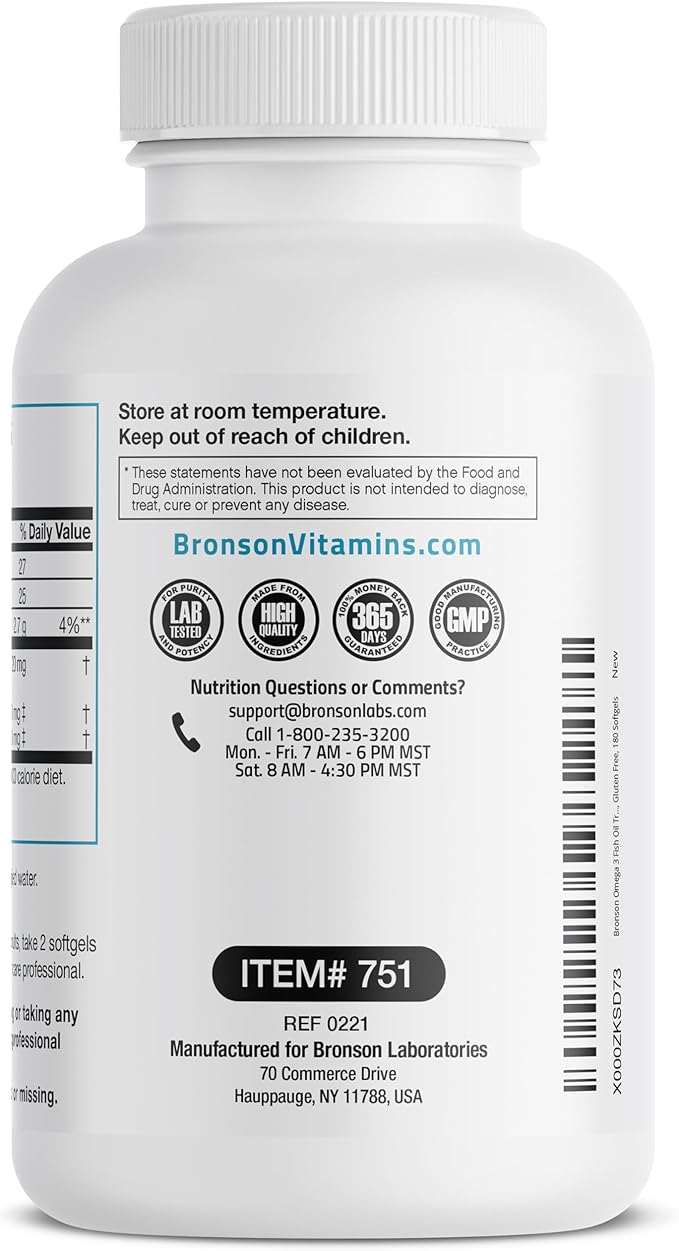 Bronson Omega 3 Fish Oil Triple Strength 2720 mg, High EPA 1250 mg DHA 488 mg, Non-GMO Heavy Metal Tested, 180 Softgels