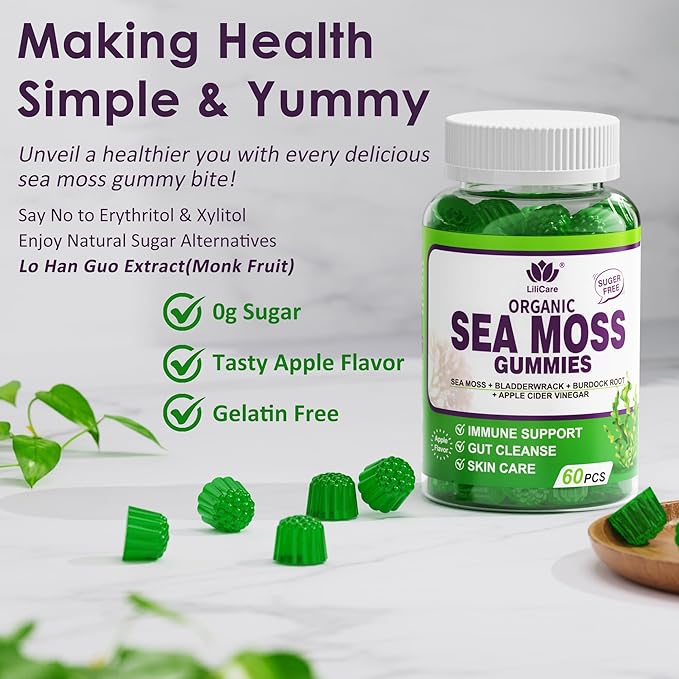 Sea Moss Gummies- Immune & Thyr0id Support, Organic Irish Sea Moss Supplement for Adults & Kids w/Burdock Root, Bladderwrack, Apple Cider Vinegar - Gut, Skin Health, Sugar Free, Vegan, 60Cts