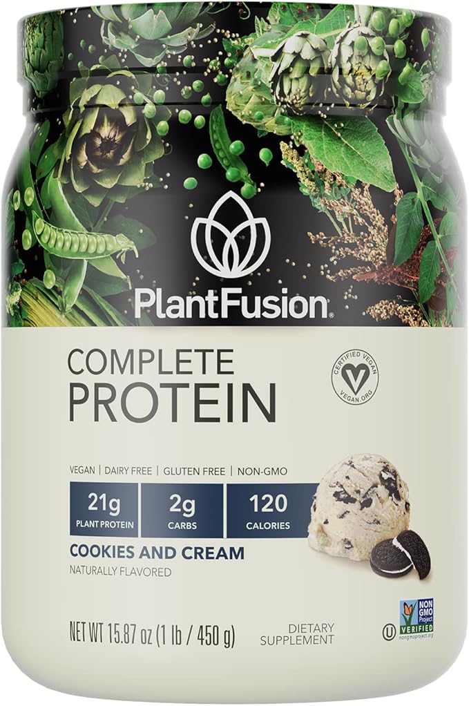 PlantFusion Complete Vegan Protein Powder - Plant Based Protein Powder With BCAAs, Digestive Enzymes and Pea Protein - Keto, Gluten Free, Soy Free, Non-Dairy, No Sugar, Non-GMO - Cookies & Cream 1 lb