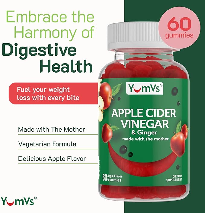 Apple Cider Vinegar Gummies with The Mother + Ginger by YumVs | Non GMO, Vegetarian Supplement for Women & Men | Heart Health and Digestive Support | Natural Apple Flavor Chewables - 60 Count