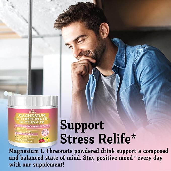 Magnesium Powdered Drink Mix with Magnesium Glycinate, Potassium, L-Theanine, Ashwagandha, and Vitamin D for Men and Women, Raspberry Lemonade, (240g)