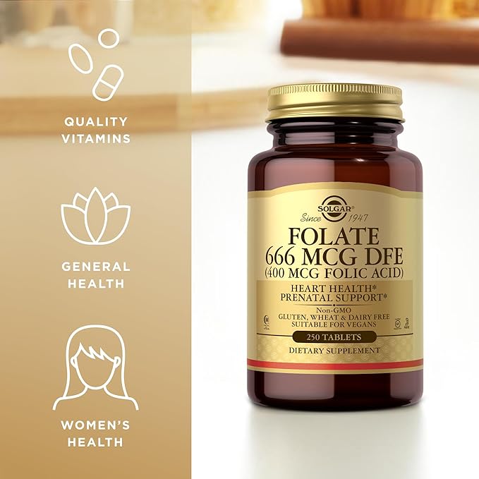 SOLGAR Folate 666 mcg DFE (Folic Acid 400 mcg) - 250 Tablets - Prenatal Support - Non-GMO, Vegan, Gluten Free, Dairy Free, Kosher, Halal - 250 Servings