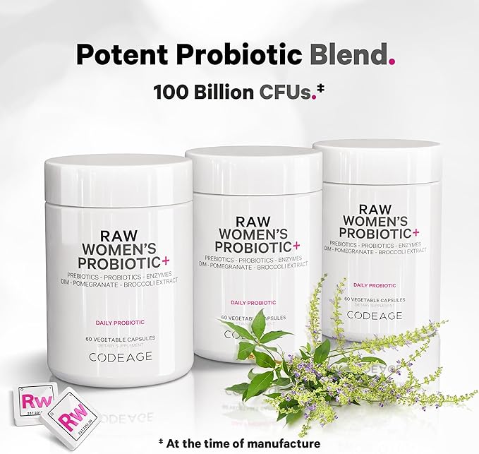 Codeage Raw Women’s Probiotic+ Supplement - 34 Probiotic Strains, 100 Billion CFUs, Digestive Enzymes, Prebiotic Blend, DIM, Herbal Extracts, Phytonutrients - Non-GMO - 30 Capsules