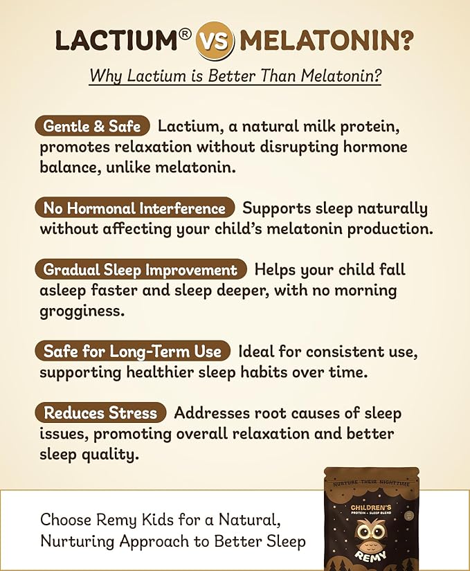 Remy Kids Protein Sleep Aid Supplements, Melatonin-Free Formula, Lactium®, L Theanine, VIT D, B6, Calcium & Herbal Extracts Sleep Aid for Kids, Balanced Nutritional Drink, Non GMO & Preservatives