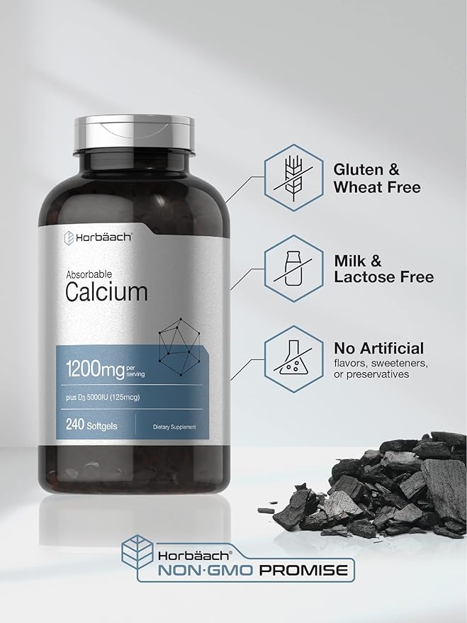 Horbäach Calcium 1200 mg with Vitamin D3 | 240 Softgels | 5000 IU Vitamin D3 | Absorbable Calcium Supplement | Non-GMO, Gluten Free Calcium Supplement