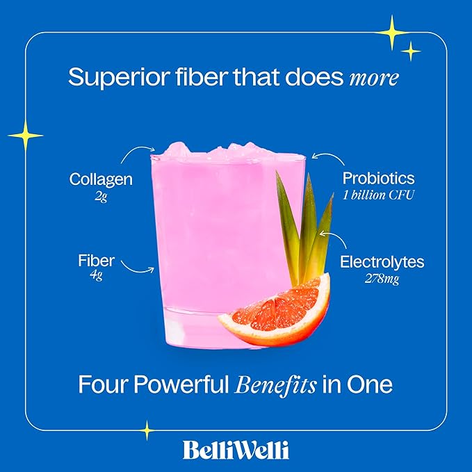 BelliWelli Fiber Supplement for Women & Men – Premium Daily Fiber Powder from Organic Acacia with Added Collagen, Electrolytes & Probiotics – No Bloat, Constipation & Gut Health Support (Tropical)
